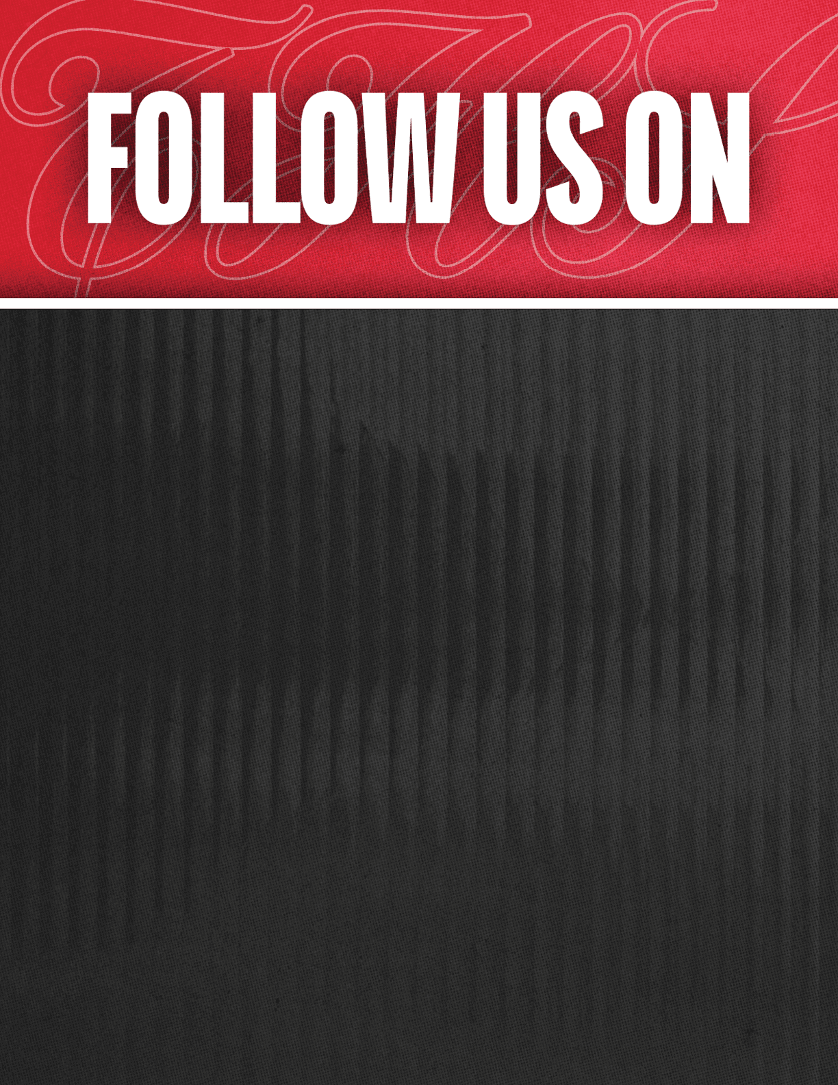 A black and red sign that says Follow Us On. Description generated by AI