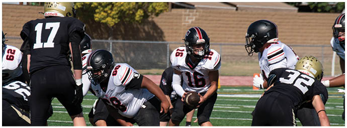 A football player wearing a blue and white uniform. Description generated by AI