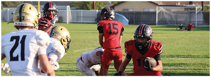A football player wearing a blue and white uniform. Description generated by AI