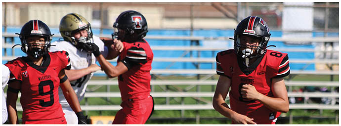 A football player wearing a blue and white uniform. Description generated by AI