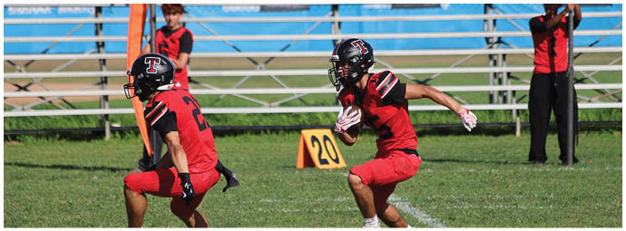 A football player wearing a blue and white uniform. Description generated by AI