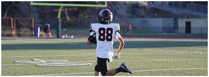 A football player wearing a blue and white uniform. Description generated by AI