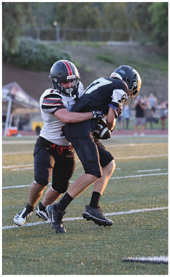 A football player catching a ball. Description generated by AI