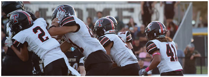A football player wearing a blue and white uniform. Description generated by AI