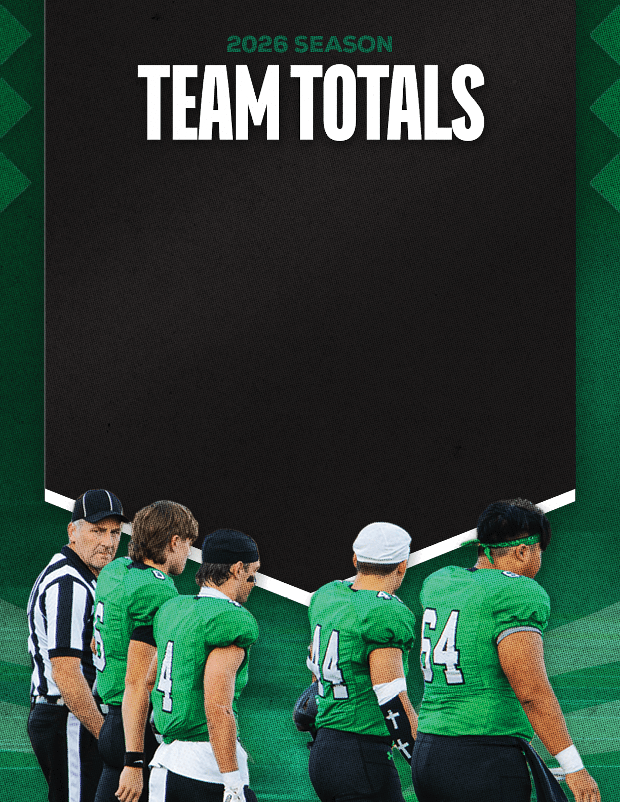A group of football players standing on the field. Description generated by AI