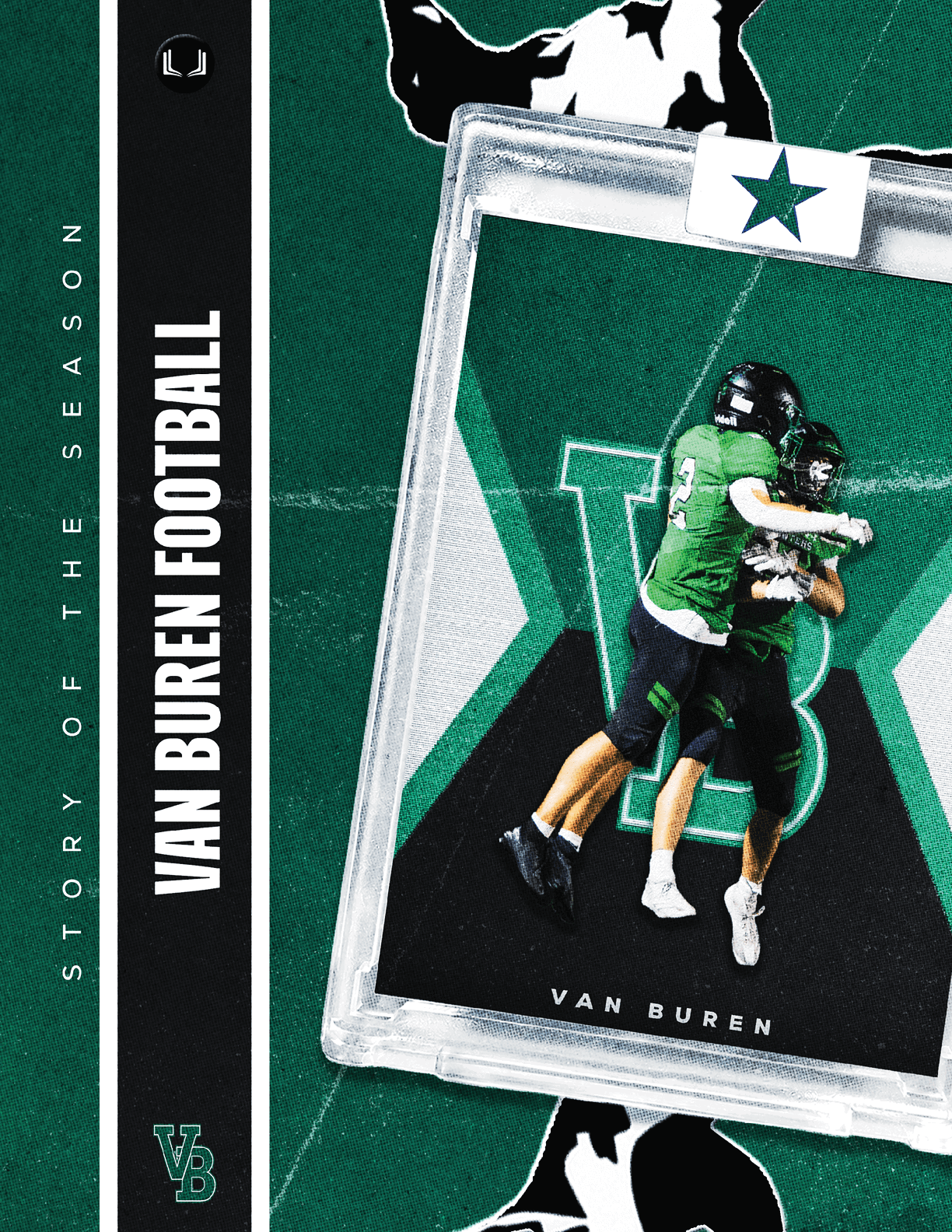 A blue and white card with a football player on it. Description generated by AI