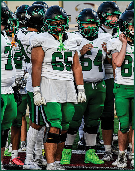 Three men wearing green and white uniforms are standing on a field. Description generated by AI