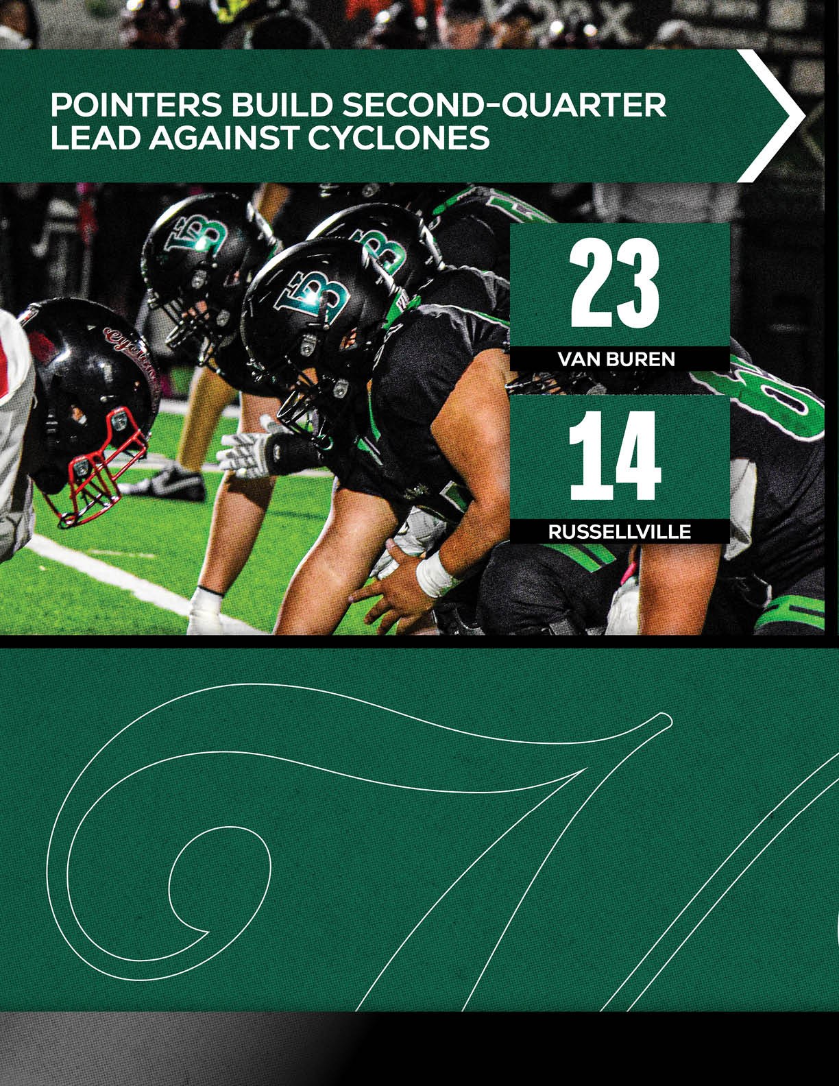 A football player in a green and white uniform running on the field. Description generated by AI