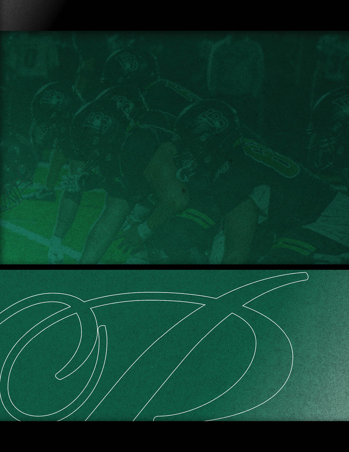 A football player in a green and white uniform running on the field. Description generated by AI