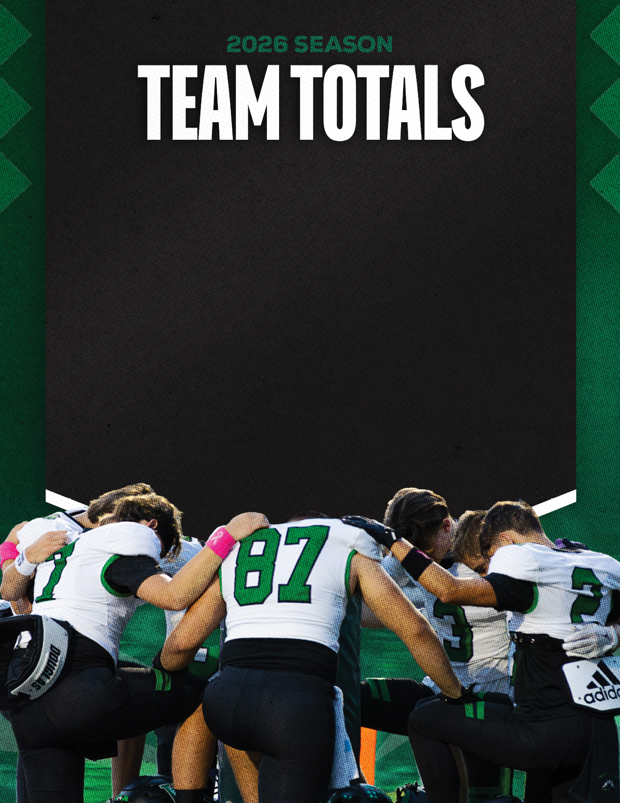 A group of football players standing on the field. Description generated by AI