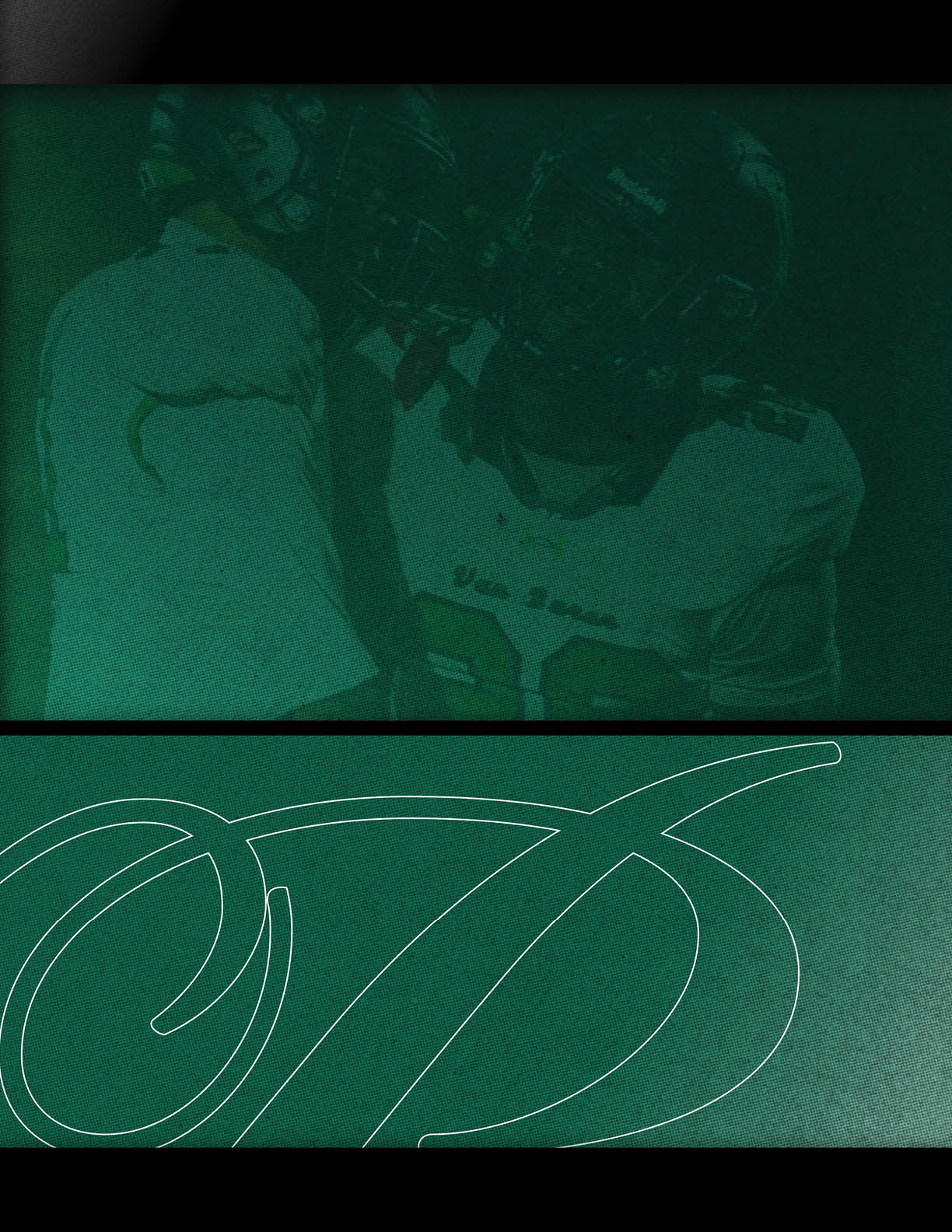 A football player in a green and white uniform running on the field. Description generated by AI