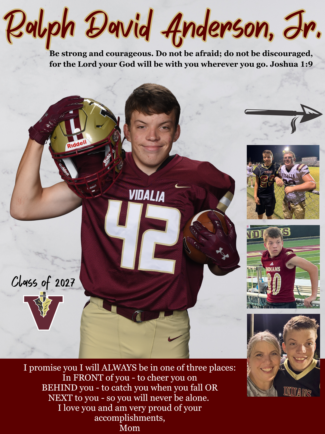 A person in a maroon and gold football uniform holding a helmet and football is surrounded by smaller photos of people in sports settings with text expressing encouragement and pride for Ralph David Anderson Jr. from the class of 2027. Description generated by AI