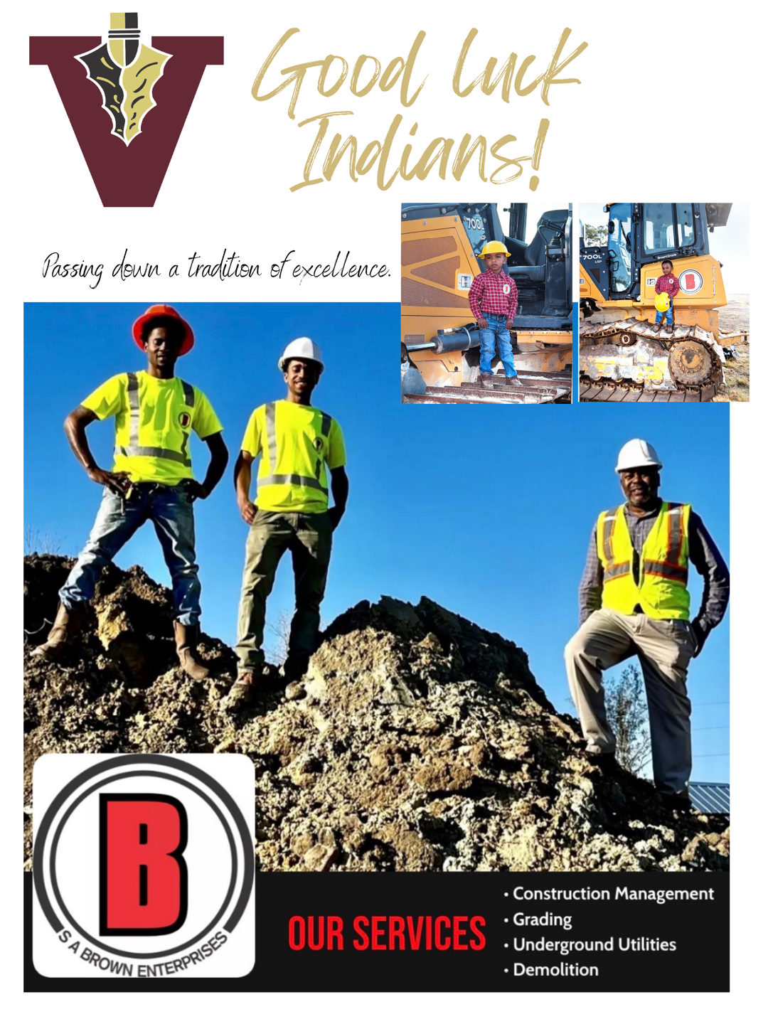 Three adults wearing construction helmets and safety vests stand on a dirt mound with construction equipment and two children in helmets and safety vests nearby, accompanied by text wishing good luck to Indians and listing construction-related services. Description generated by AI