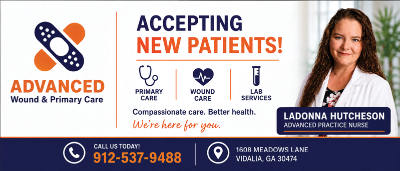 A professional person with curly hair wearing a white coat smiles next to a colorful advertisement for Advanced Wound & Primary Care accepting new patients with contact information and location details. Description generated by AI