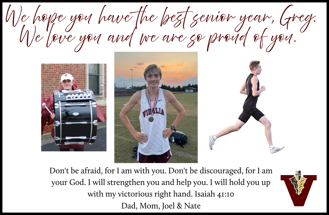 A senior year tribute collage shows three photos of a person playing a drum, posing in a sports uniform with a medal, and running in a track uniform, accompanied by a heartfelt message of love, pride, and encouragement from family with a Bible verse and a school logo. Description generated by AI