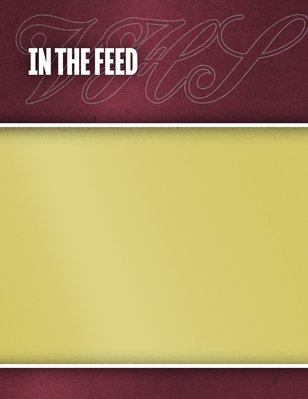 The image features the text “IN THE FEED" in bold white letters on a maroon textured background with a faint cursive design behind it, above a large blank yellowish-beige rectangular area. Description generated by AI