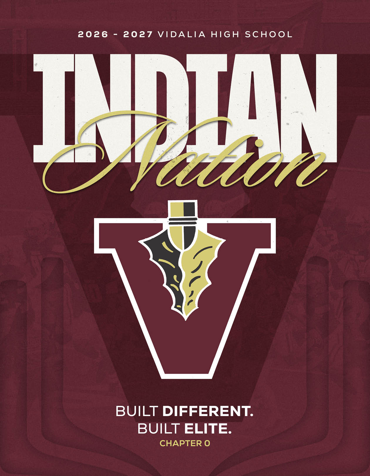 2026-2027 Vidalia High School Indian Nation logo with a large maroon V and a spearhead, accompanied by the phrases built different and built elite. Description generated by AI