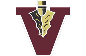 A maroon triangular pennant with a stylized design of a two-toned feather in black and beige at the top center. Description generated by AI