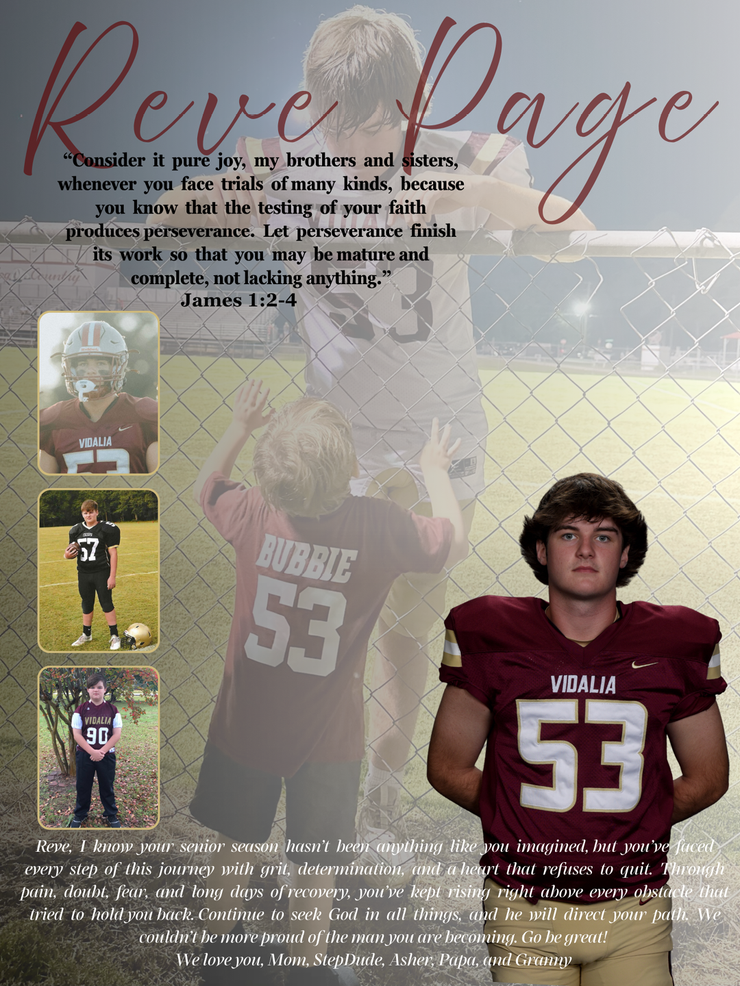 A sports tribute collage features a person in a football uniform with the number 53, a child wearing a matching number shirt, and motivational text about perseverance and overcoming challenges. Description generated by AI