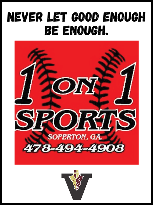 The image features a red background with black baseball stitching and bold text reading “1 on 1 Sports Soperton, GA" along with a phone number and the phrase "Never let good enough be enough" above it. Description generated by AI