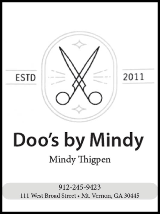 A logo for Doo’s by Mindy featuring crossed scissors, the text “ESTD 2011," the name Mindy Thigpen, a phone number, and an address in Mt. Vernon, GA. Description generated by AI