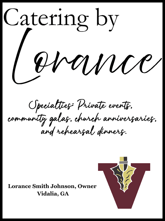 Catering by Lorance offers specialties for private events, community galas, church anniversaries, and rehearsal dinners, with Lorance Smith Johnson as the owner in Vidalia, GA, accompanied by a stylized letter V logo with a leaf and fork design. Description generated by AI