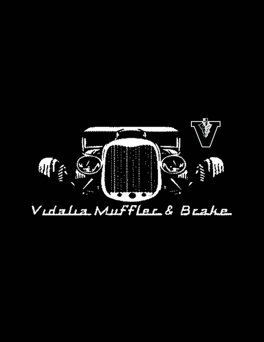A stylized vintage car front view with the text “Vidalia Muffler & Brake" below and a logo featuring a "V" with a wrench inside in the top right corner. Description generated by AI
