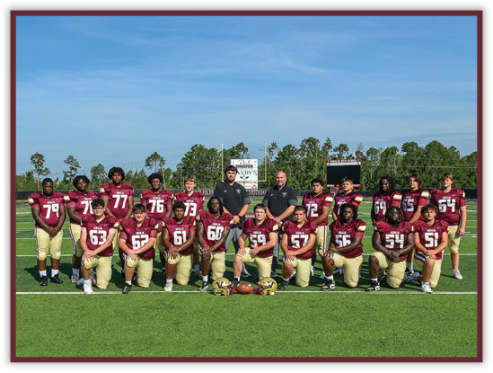 A group of people wearing maroon and gold football uniforms pose together on a green field with a clear blue sky in the background. Description generated by AI