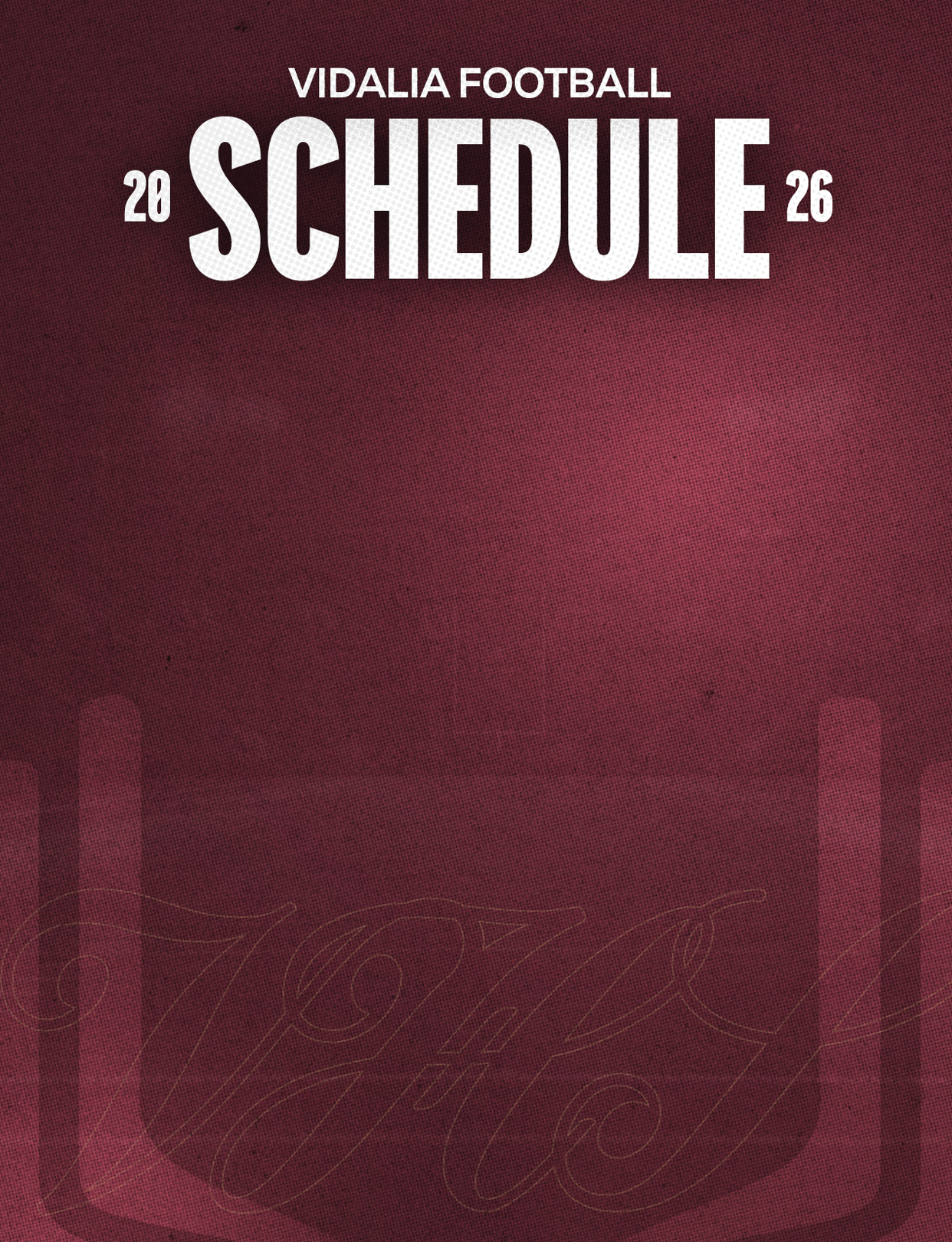 Vidalia Football 2026 schedule title on a maroon textured background with subtle decorative script. Description generated by AI