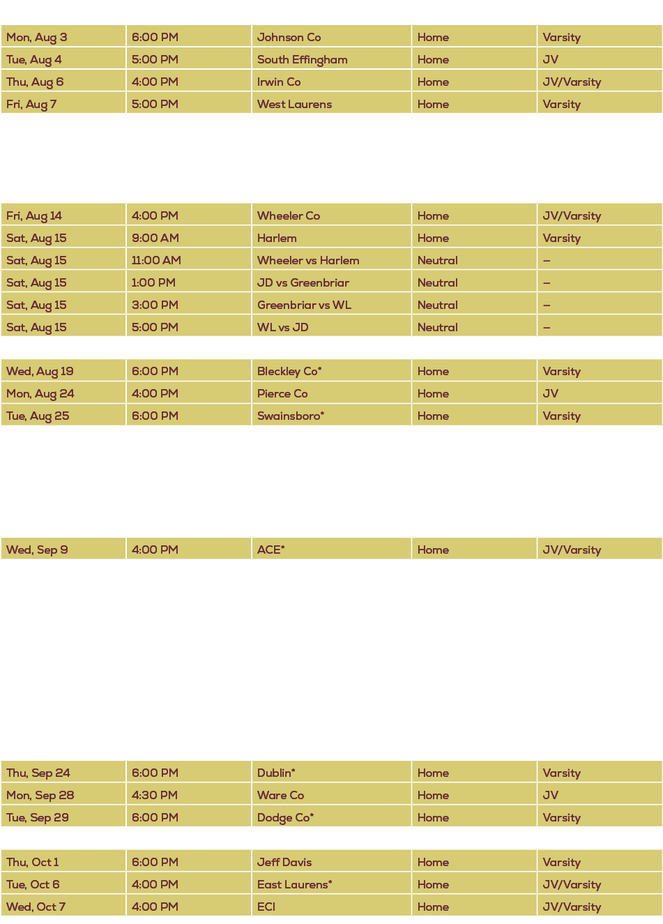 Date,Time,Opponent,Home/Away,Varsity/JV,Mon, Aug 3,6:00 PM,Johnson Co,Home,Varsity,Tue, Aug 4,5:00 PM,South Effingham...