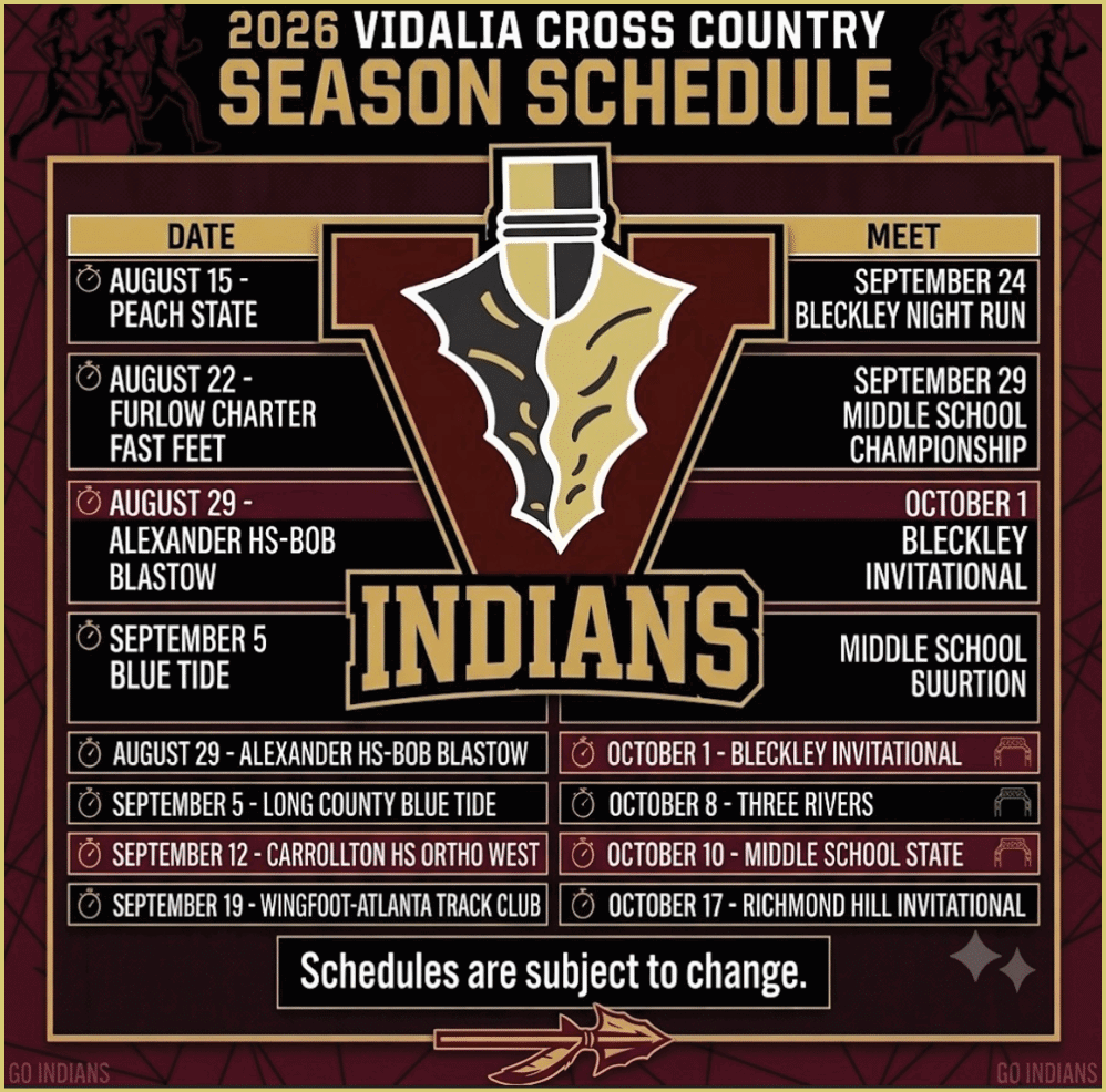 The 2026 Vidalia Cross Country season schedule features dates and opponents for the Indians team with a maroon and gold color scheme and a large team logo in the center. Description generated by AI