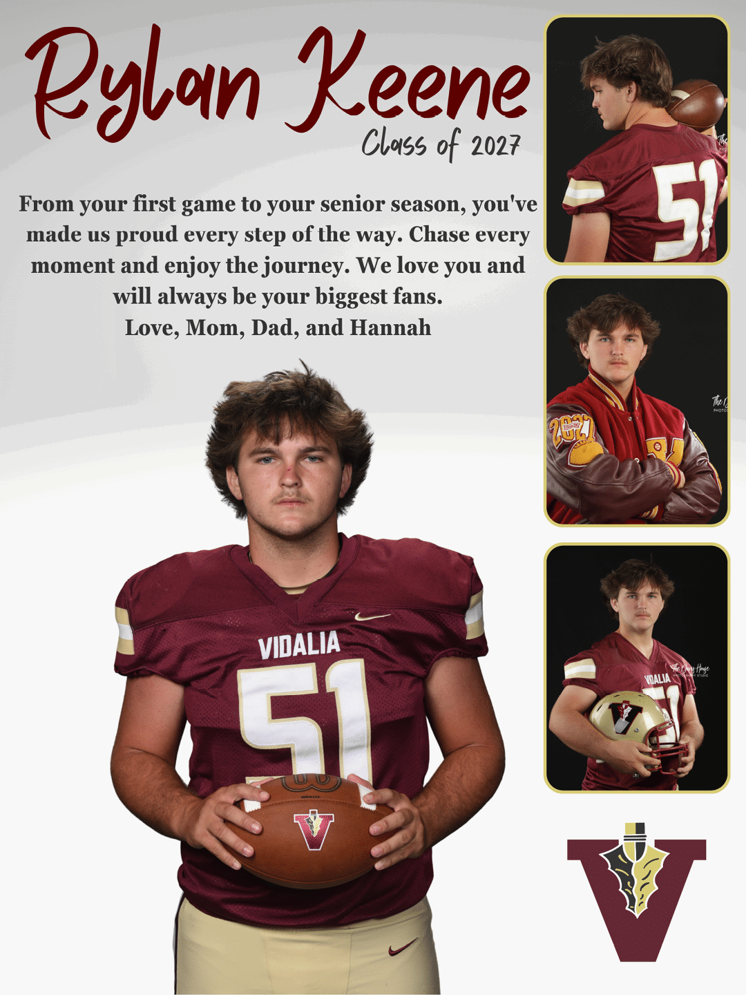 A person wearing a maroon football jersey with the number 51 is holding a football in the center, surrounded by three smaller images of the same person in different poses wearing the same jersey and a letterman jacket, with a message from family expressing pride and love for the class of 2027. Description generated by AI