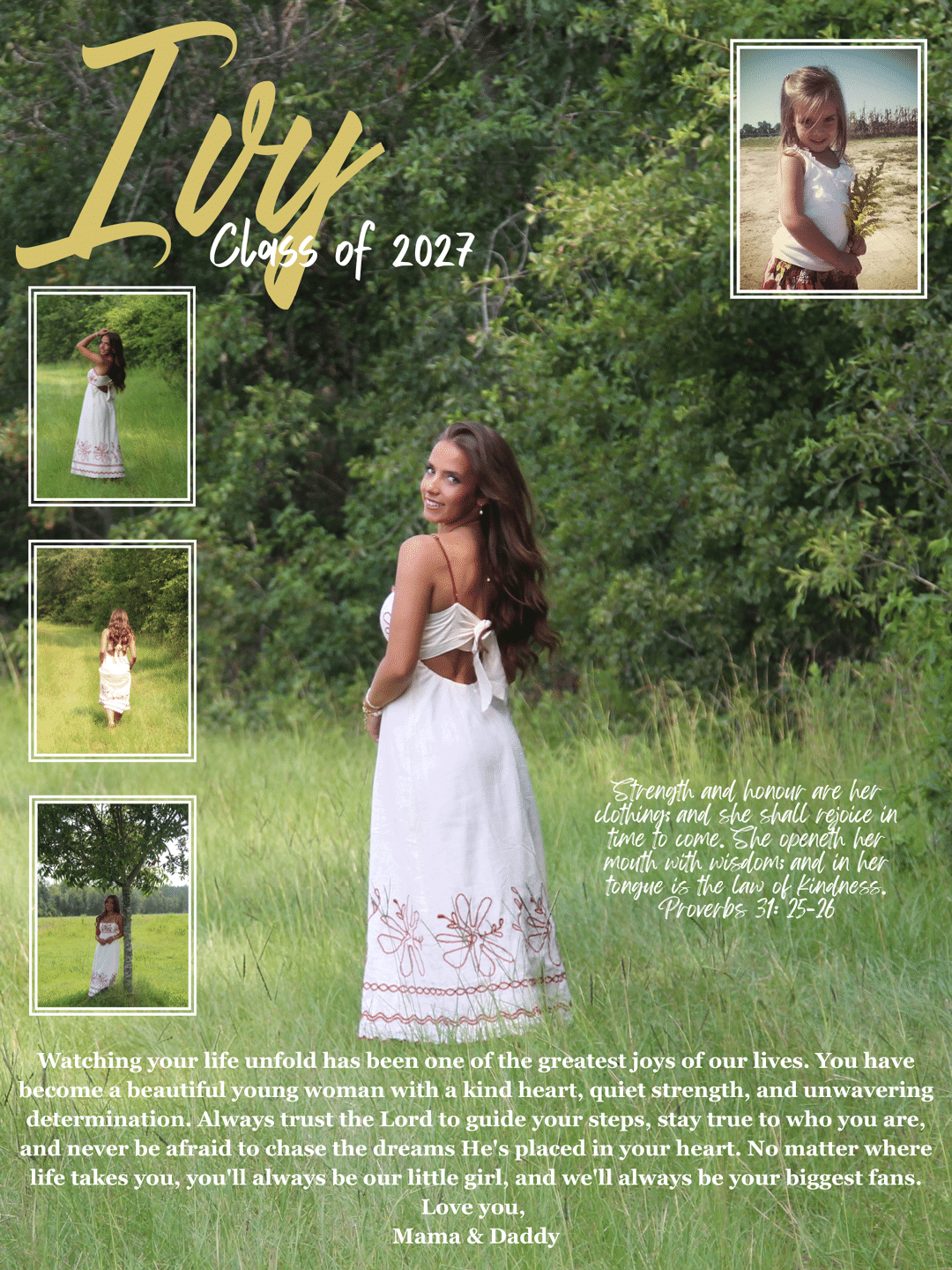 An adult with long hair wearing a white dress with red embroidery stands in a grassy outdoor setting surrounded by smaller framed photos of the same person at different ages, accompanied by a heartfelt message and a Bible verse about strength, kindness, and love. Description generated by AI