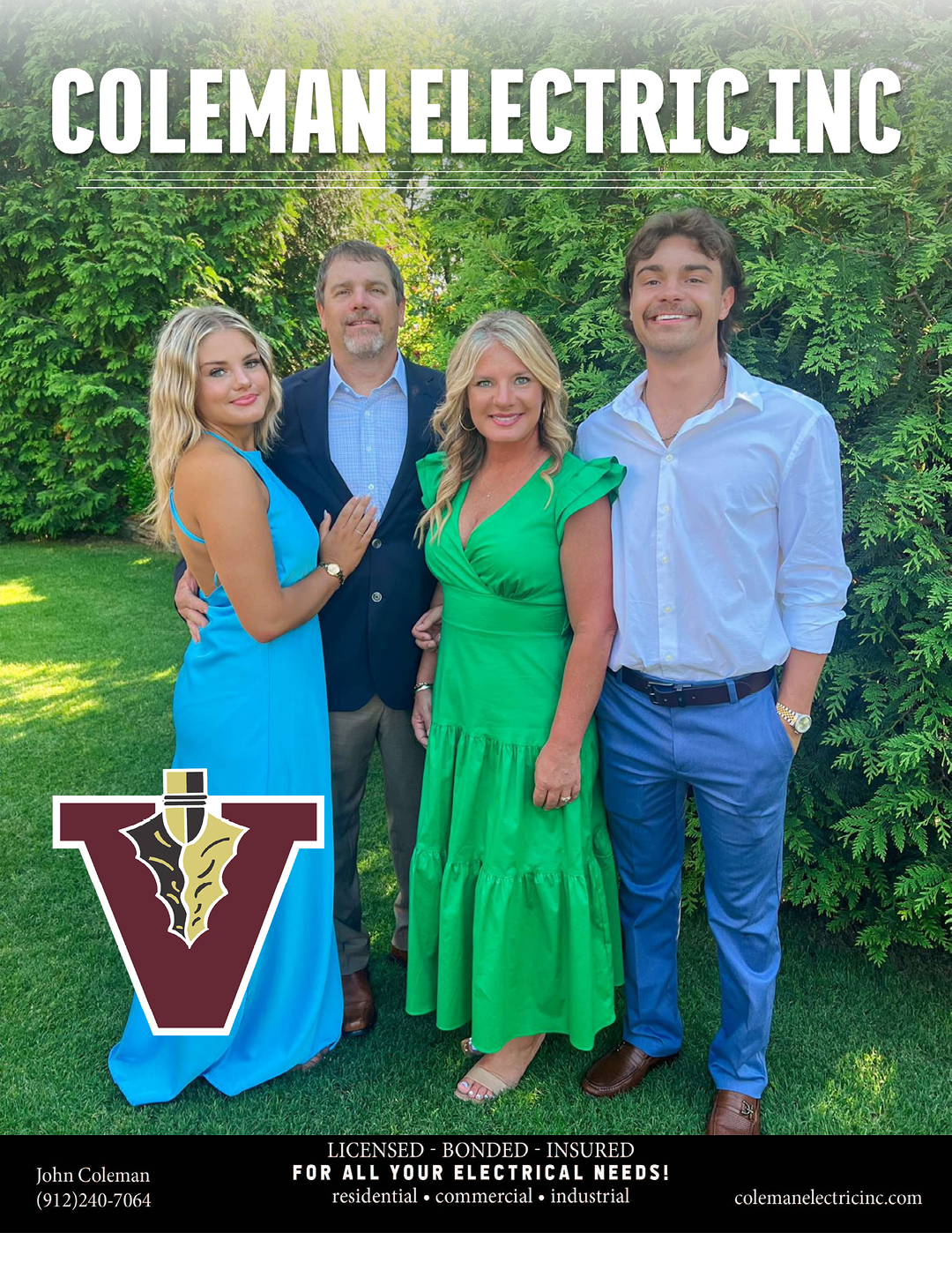 Four adults dressed in formal attire stand closely together outdoors in front of green foliage with the text Coleman Electric Inc above them and contact information below. Description generated by AI