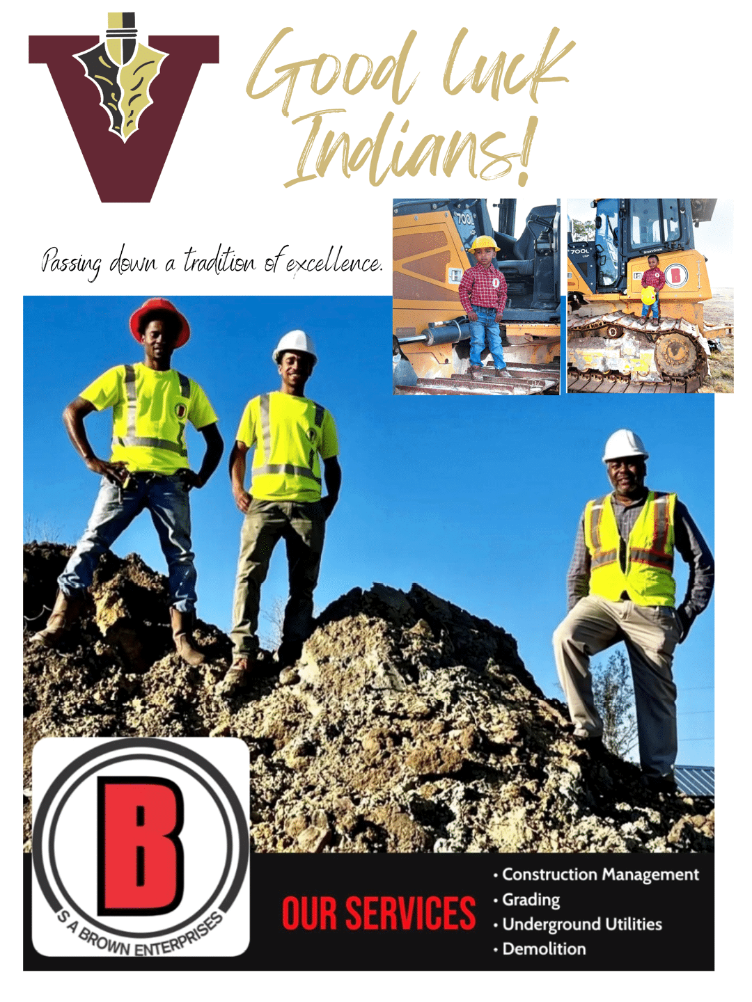 Three adults wearing construction helmets and safety vests stand on a dirt mound with construction equipment and two children in helmets and safety vests nearby, accompanied by text wishing good luck to Indians and listing construction-related services. Description generated by AI