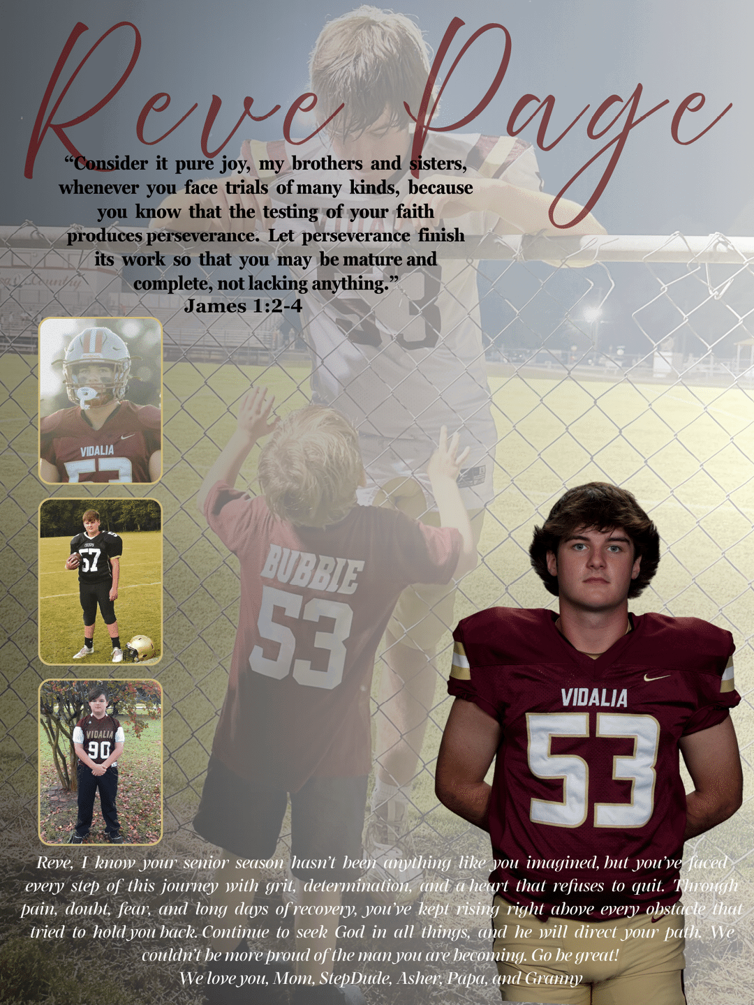 A sports tribute collage features a person in a football uniform with the number 53, a child wearing a matching number shirt, and motivational text about perseverance and overcoming challenges. Description generated by AI