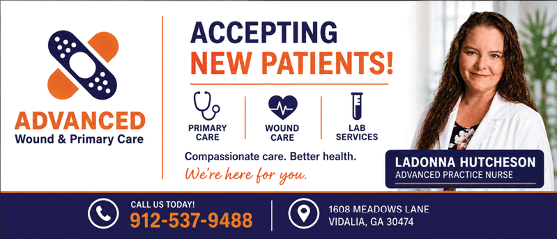 A professional person with curly hair wearing a white coat smiles next to a colorful advertisement for Advanced Wound & Primary Care accepting new patients with contact information and location details. Description generated by AI