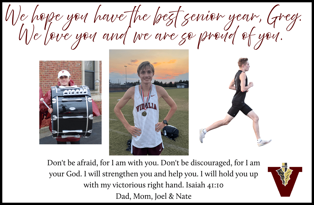 A senior year tribute collage shows three photos of a person playing a drum, posing in a sports uniform with a medal, and running in a track uniform, accompanied by a heartfelt message of love, pride, and encouragement from family with a Bible verse and a school logo. Description generated by AI