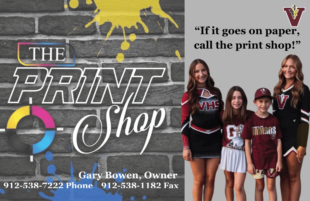 Four people wearing cheerleading and sports uniforms stand next to a brick wall background with colorful paint splatters and text promoting a print shop with contact information. Description generated by AI
