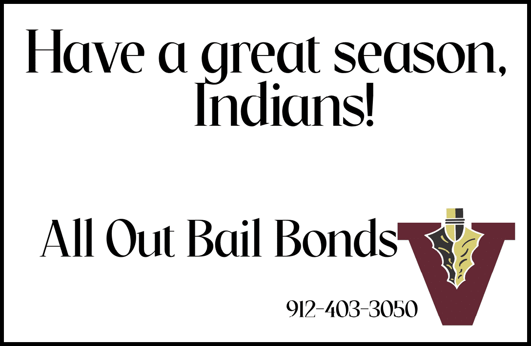 A message wishing the Indians a great season from All Out Bail Bonds with a phone number and a logo featuring a large letter V with a feather. Description generated by AI