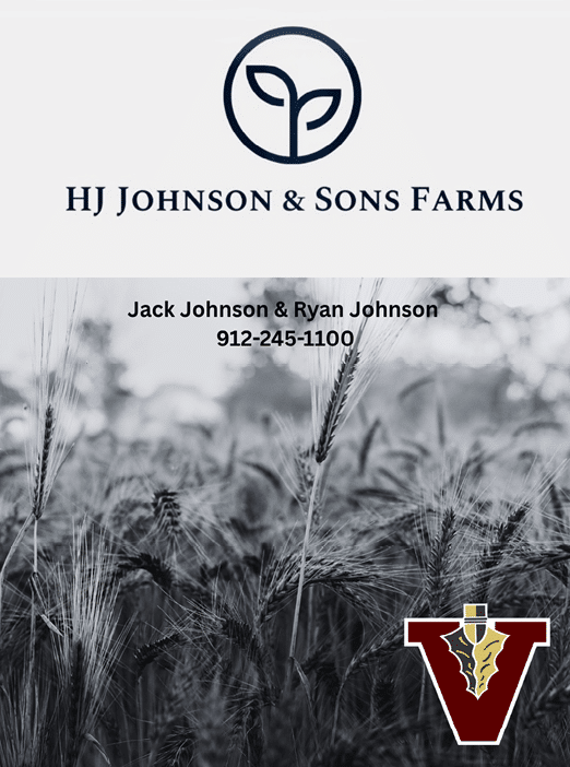 The logo for HJ Johnson & Sons Farms features a stylized plant icon above the company name, with contact information and a field of grain in the background alongside a large red and gold letter V emblem. Description generated by AI
