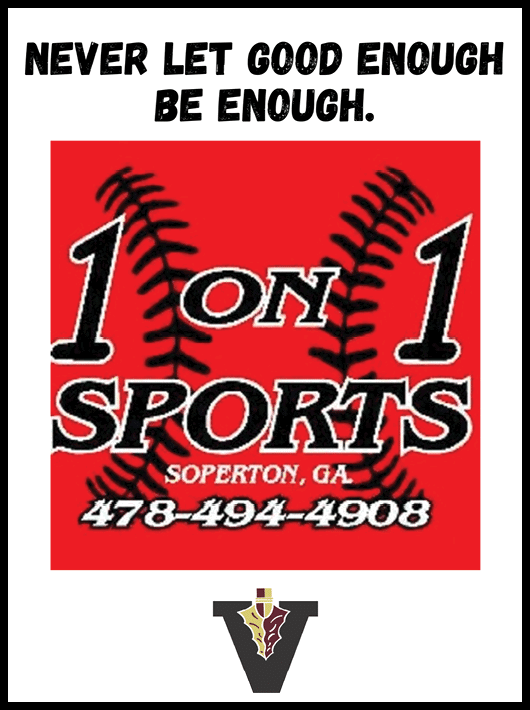 The image features a red background with black baseball stitching and bold text reading “1 on 1 Sports Soperton, GA" along with a phone number and the phrase "Never let good enough be enough" above it. Description generated by AI