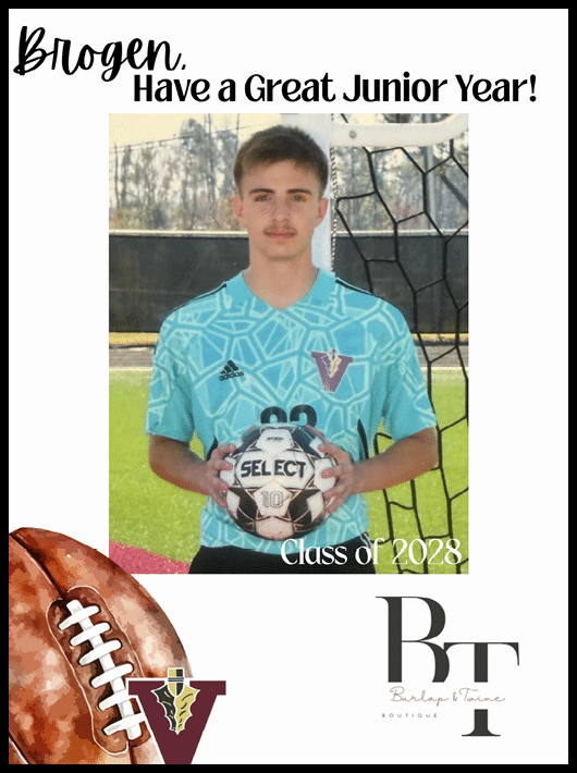 A person wearing a light blue patterned soccer jersey is holding a soccer ball in front of a goal net with text wishing Brogen a great junior year and mentioning the class of 2028. Description generated by AI
