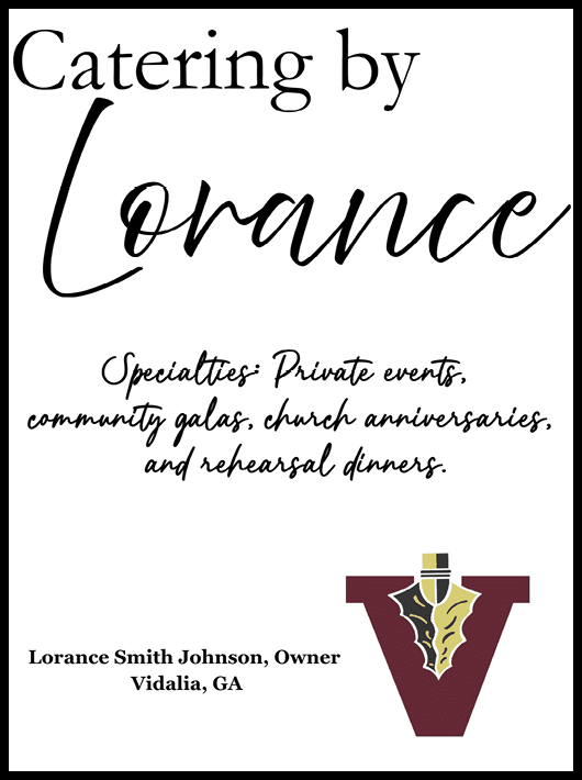 Catering by Lorance offers specialties for private events, community galas, church anniversaries, and rehearsal dinners, with Lorance Smith Johnson as the owner in Vidalia, GA, accompanied by a stylized letter V logo with a leaf and fork design. Description generated by AI