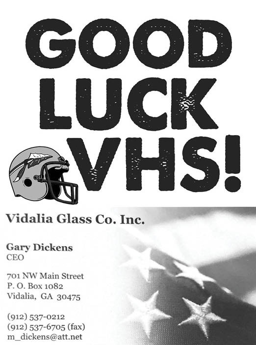 Bold text saying “GOOD LUCK VHS!" above a football helmet and a business card for Vidalia Glass Co. Inc. with contact information. Description generated by AI
