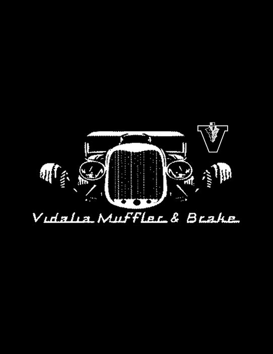 A stylized vintage car front view with the text “Vidalia Muffler & Brake" below and a logo featuring a "V" with a wrench inside in the top right corner. Description generated by AI