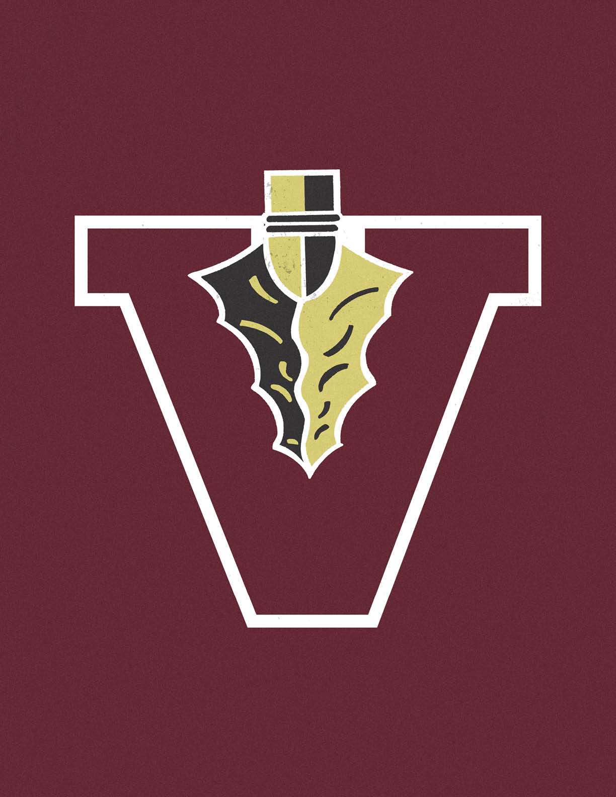 A stylized letter V with a vertically split spearhead design in black and beige centered inside it on a maroon background. Description generated by AI