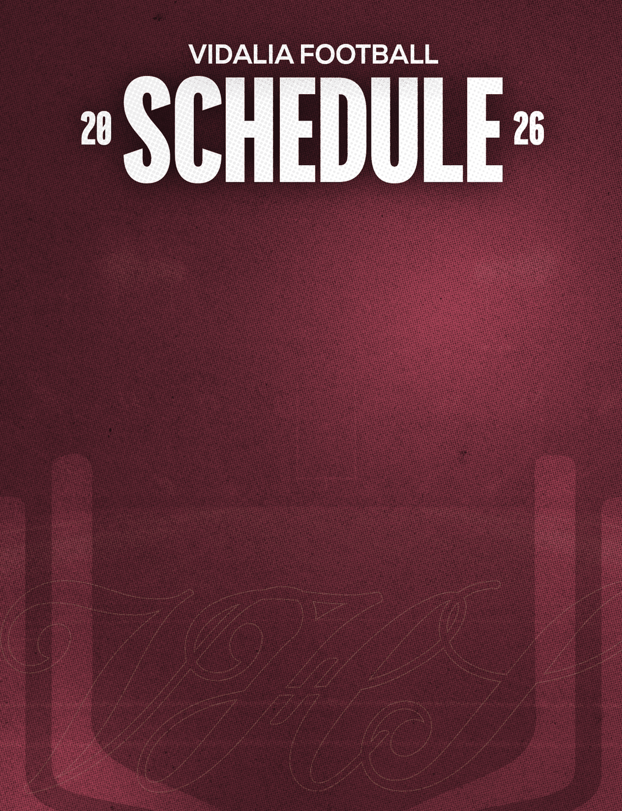 Vidalia Football 2026 schedule title on a maroon textured background with subtle decorative script. Description generated by AI