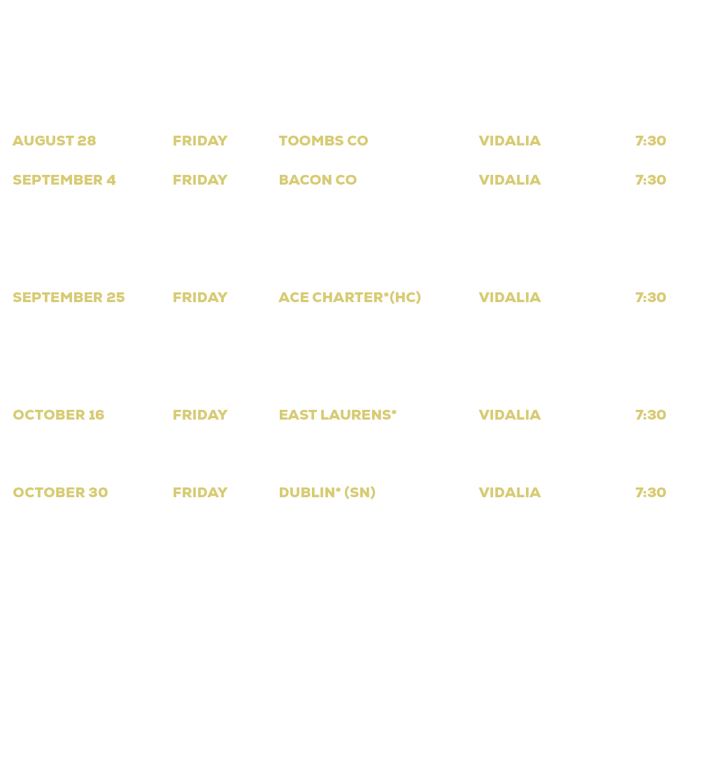 DATE,DAY,OPPONENT,LOCATION,TIME,August 14,Friday,Portal (Scrimmage),Portal,7:30,August 21,Friday,Jeff Davis,Hazlehurs...
