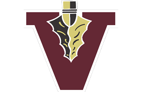 A maroon triangular pennant with a stylized design of a two-toned feather in black and beige at the top center. Description generated by AI